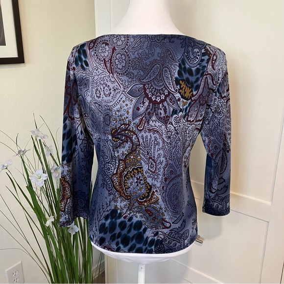Jessica Max Long Sleeve Round Neck Blue & Purple Print Blouse, L - Picture 3 of 11